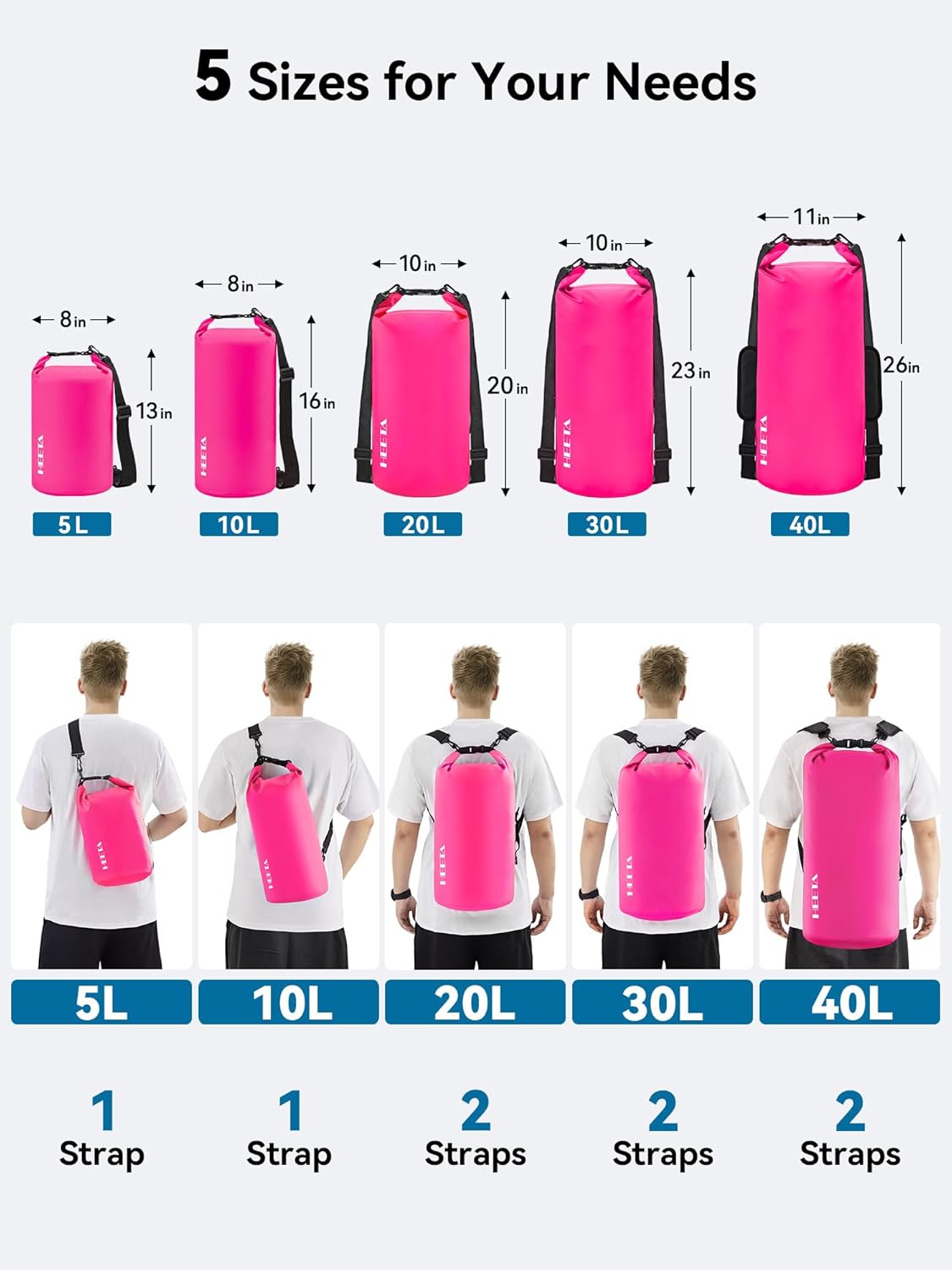 HEETA Waterproof Dry Bag for Women Men(Upgraded Version) 5L/10L/20L/30L/40L Roll Top Lightweight Dry Storage Bag Backpack with Emergency Whistle for Travel, Swimming, Boating, Kayaking, Camping, Beach