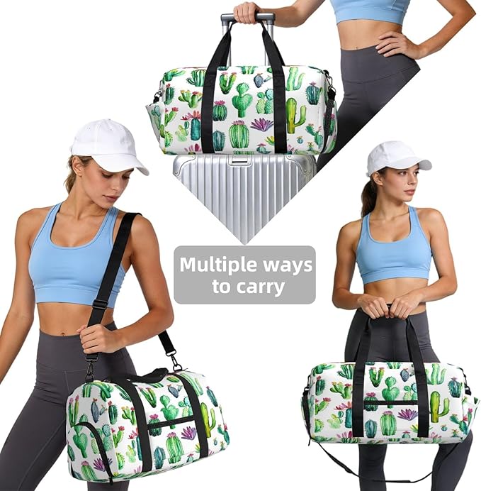 Sports Gym Bag Tropical Plant Cactus Pattern Travel Duffel Bag With Shoe Compartment Shoulder Strap, Lightweight Water-Resistant Weekend Overnight Totes For Women Men