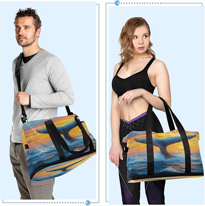 Travel Duffel Bags for Women Blue Whale Tail Ocean Sunset Sports Duffel Bags Gym Bags with Shoes Compartment Tote Bag Weekender Bag for Travelling