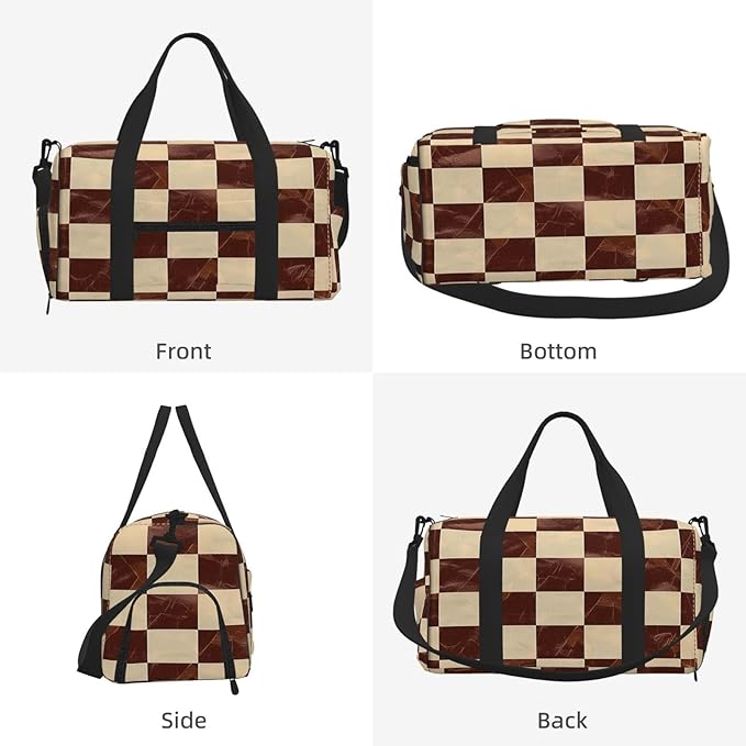 Sports Gym Bag Brown Marbling Checkerboard Grid Travel Duffel Bag With Shoe Compartment Shoulder Strap, Lightweight Water-Resistant Weekend Overnight Totes For Women Men