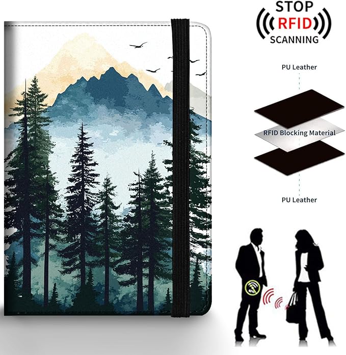 Passport Holder Wallet Cover Case,RFID Blocking Passport Cover,Large Capacity Travel Wallet with Multi Card Slots (Watercolor Forest Mountains)