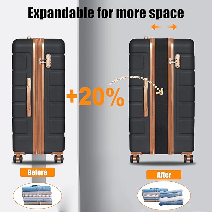 3-Piece Hardshell Luggage Set, Lightweight Expandable Suitcase with TSA Lock and Double Spinner Wheels, 20% Expansion for Extra Packing, Carry-On and Checked Bags, Apricot Black