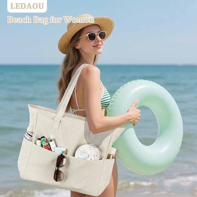 LEDAOU Large Beach Bag Women Waterproof Sandproof Zipper Beach Tote Pool Bag for Swim Gym Grocery Travel with Wet Pocket | Waterproof, Sandproof, Zipper, Pool, Gym, Grocery