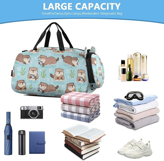 Cute Otters Kids Duffle Bag, Overnight Travel Sport Gym Bags with Shoe Compartment for Boys & Girls