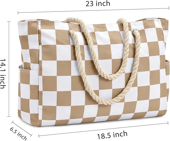 Becokan Beach Bags for Women Checkered Large Beach Tote Bag Zipper Beach Bags Waterproof Sandproof Canvas Swim Pool Bag