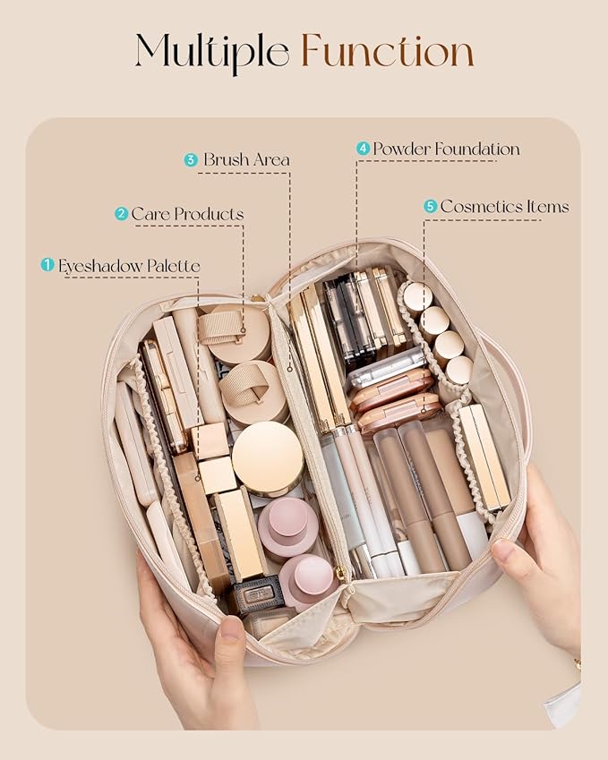 VLANDO Makeup Bag,Travel Toiletry Bag,Cosmetic Bag for Women PU Leather Portable Make up Bag for Skincare, Brushes & Travel Essentials-Apricot Pink