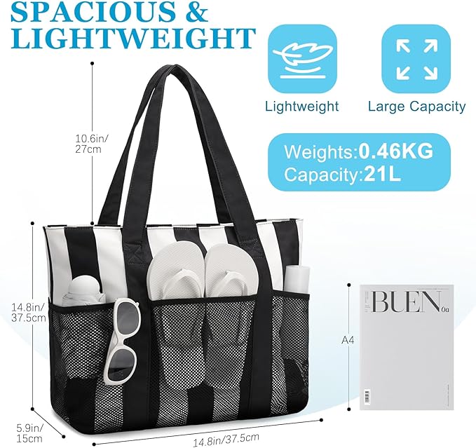 VASCHY Beach Bag for Women, Foldable Waterproof Sandproof Beach Tote with Zipper/Mesh Pockets for Vocation/Cruise/Gym/Travel