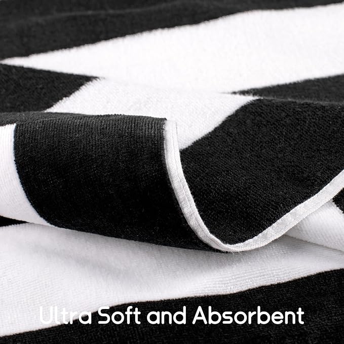 cabanana Large Oversized Beach Towel - 35 x 70 Inch Cotton Pool Towel, Black Striped Soft Cabana Swim Towel