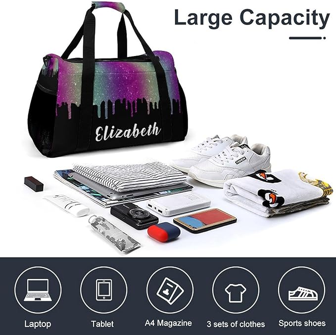 Personalized Name Sports Player Duffel Bags Colorful Glitter Spark Print Travel Perform Training Casual Bag for Man Women Multifunctional Bags