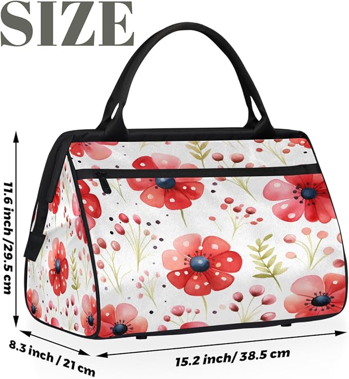 Gym Bag for Women Men, Watercolor Red Flower Sports Duffel Bags, Waterproof Travel Weekender Overnight Carry On Tote Bags for Travel Sports