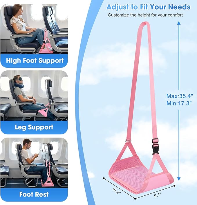 Airplane Foot Rest - Lightweight Foot Hammock for Plane Travel with Adjustable Strap & Thick Board, Tray Table Under Desk Footrest to Relax Feet, Travel Essentials for Long Flights(Pink)