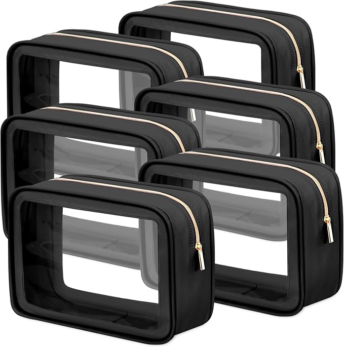 Hsei 6 Pcs Clear Makeup Bags with Color Edged TSA Approved Travel Toiletry Bags with Zipper Clear Cosmetic Bag Diaper Bag for Car Storage Organizer Wedding Essentials for Women Gift(Black)