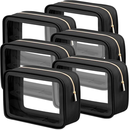 Hsei 6 Pcs Clear Makeup Bags with Color Edged TSA Approved Travel Toiletry Bags with Zipper Clear Cosmetic Bag Diaper Bag for Car Storage Organizer Wedding Essentials for Women Gift(Black)