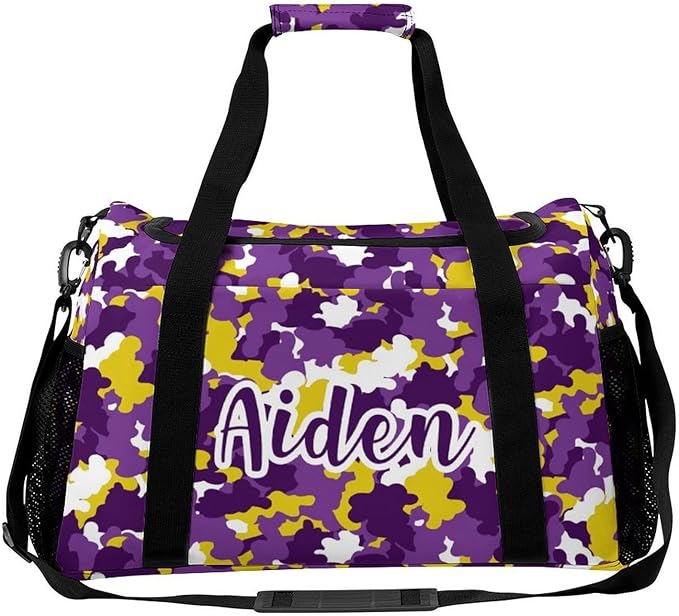 Purple Gold Camouflage Camo Pattern Crossbody Bag Customized Duffel Bags (Store Shoes) Weekender Overnight Bag Travel Bag Personalized Gift Gym Bags