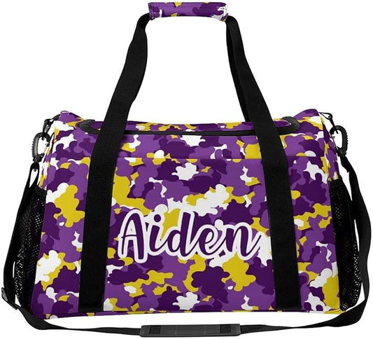 Purple Gold Camouflage Camo Pattern Crossbody Bag Customized Duffel Bags (Store Shoes) Weekender Overnight Bag Travel Bag Personalized Gift Gym Bags