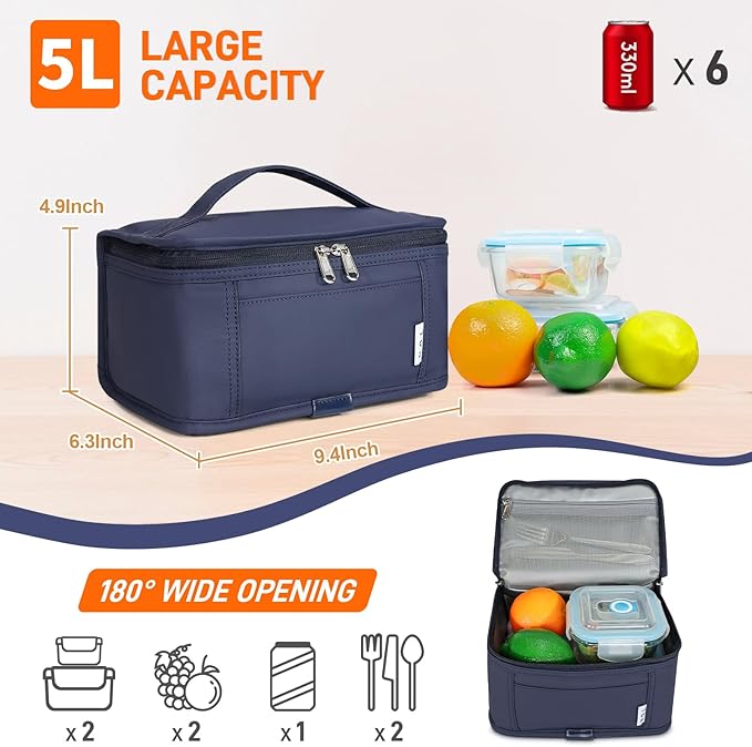NOL Mini Insulated Lunch Bag for Women Men Kids | Small Leakproof Reusable Lunch Tote | Fits 6 Cans 330ml | Thermal Cooler for Work School Picnic Camping, Navy blue