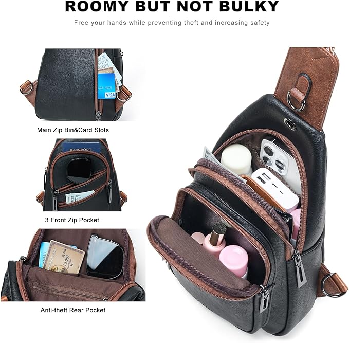 7L Crossboydy Sling Bag for Women Vegan Leather Crossbody Purse Fanny Pack Chest Bag for Travel,Black Brown