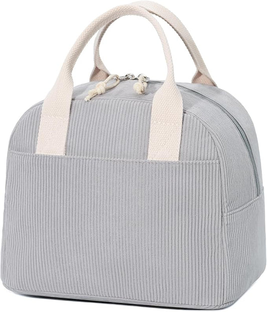 Insulated Lunch Bag for Women Men, Stylish Corduroy Tote Bag with Aluminum Lining, Large Capacity Reusable Cooler for Work, Travel, or Beach, Cloud Gray Lunch Box