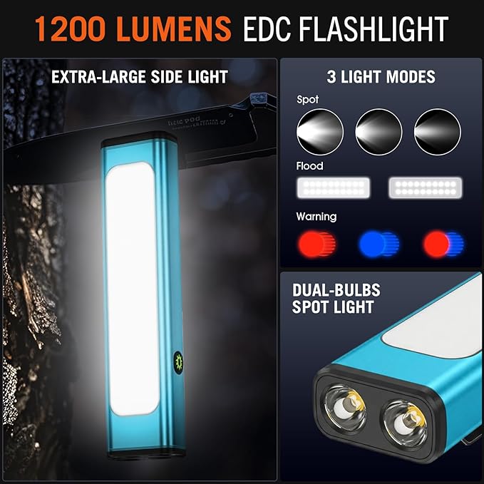 Pocket Flashlight, 1200 Lumens Rechargeable EDC Flashlight with Clip, USB-C Port, 3 Modes Waterproof Warning Light for Working, Camping, Repairing, Emergencies (Blue, 4PCS)