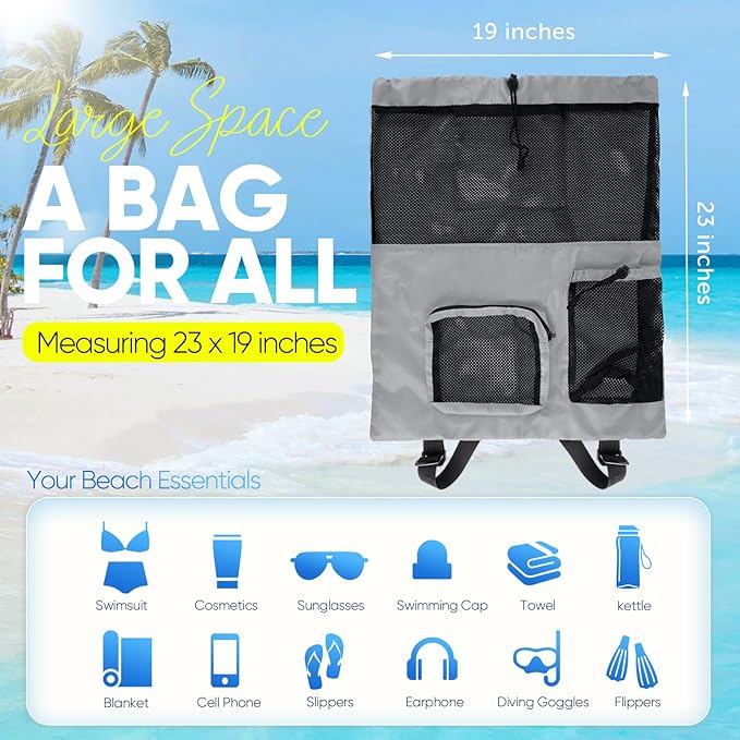 Swim Mesh Beach Bag, Waterproof Gym Bags for Women and Men, Large Pool Bag Swimming Gear Drawstring Backpack