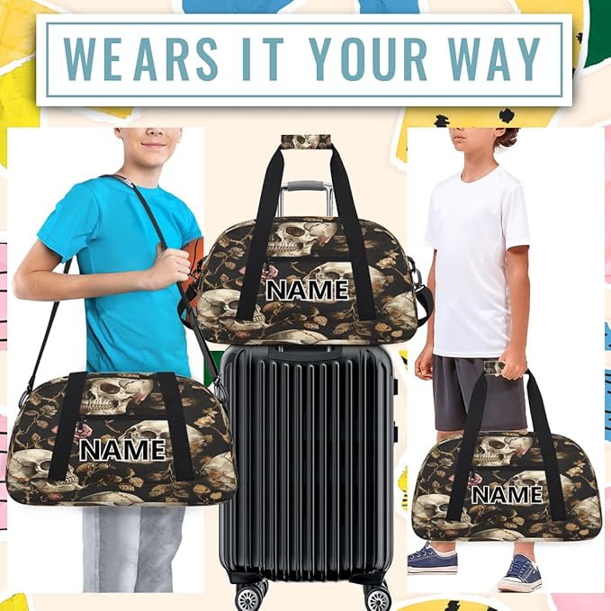 Skull Mini Gym Bag 18 inch for Women Men Waterproof Custom Vintage Floral Skull Gothic Travel Duffel Bag Carry On Overnight Tote Nurse Bag for Work Fitness Hiking