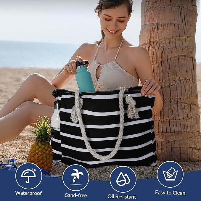 Clothirily Beach Bag for Women - Large Beach Tote Bag, Waterproof Sandproof Beach Bag with Zipper, Large Swim Pool Beach Tote