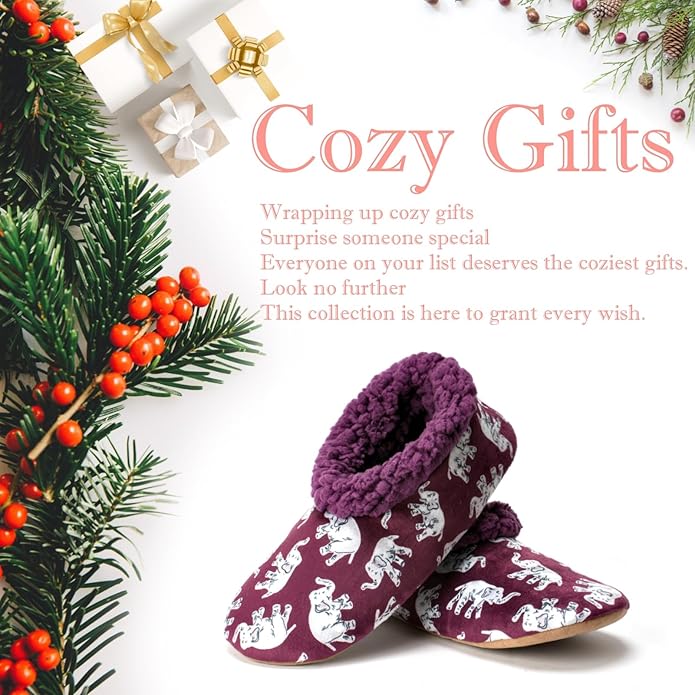 Soft Fuzzy Slippers for Women Indoor, Warm Furry House Sock Shoes Fluffy Lined, Bedroom Booties Non-Slip Gripper Soles, Winter Cozy Christmas Gifts