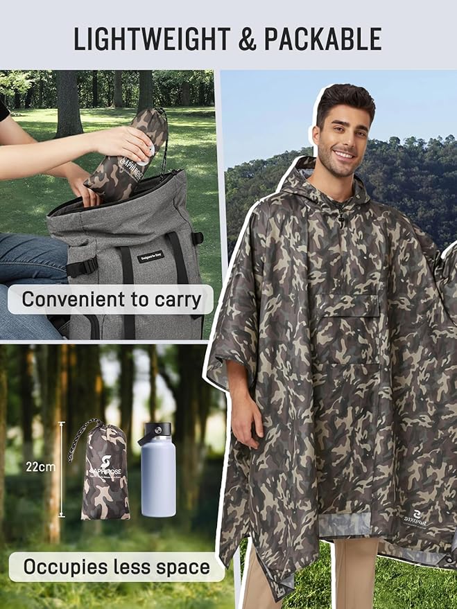 SaphiRose Extra Thick Hooded Rain Poncho Double Layer Waterproof Raincoat Jacket for Men Women Adults