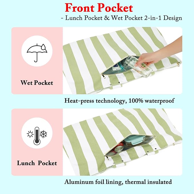 Large Canvas Beach Bag for Women, Beach Bags Waterproof Sandproof with Zipper & Wet Bag Cruise Essentials