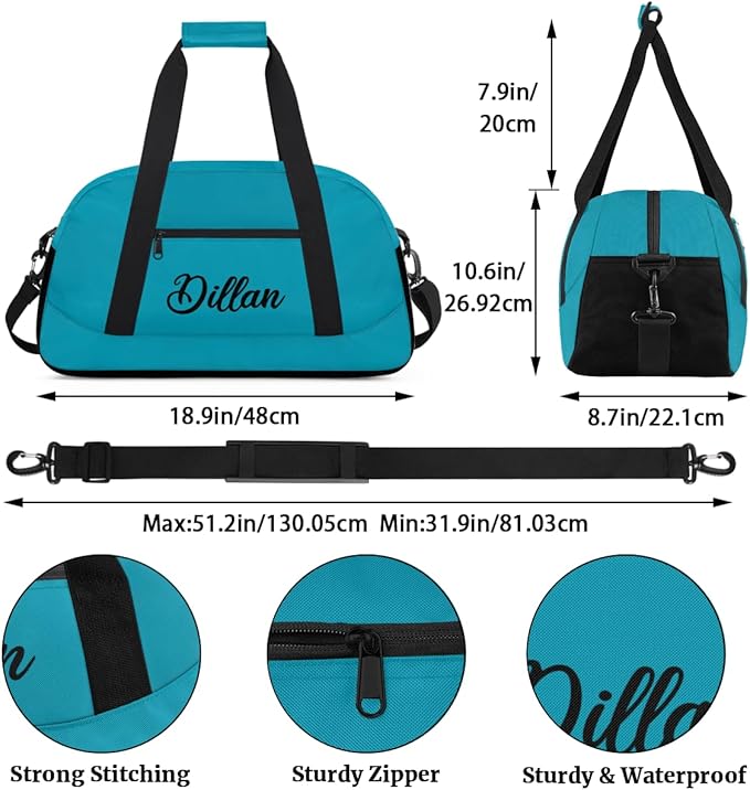 Custom Name Gym Duffel for Kids,Personalized Sports Bag Lightweight Gym Bags for Boys & Girls,Fitness Travel Weekender for Travel, Workout Turquoise