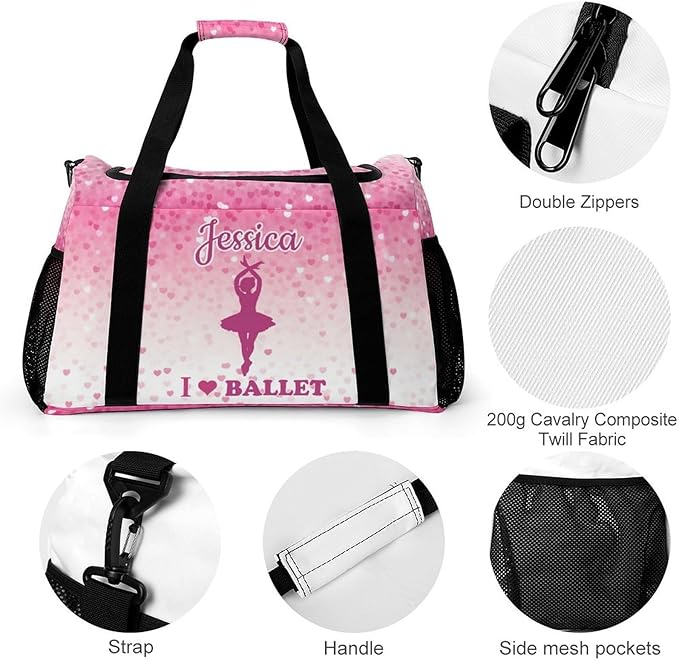 Pink Love Ballet Glitter Ombre Print Personalized Travel Bag with Name Lightweight Luggage Duffle Water-Resistant Gym Bag with Adjustable Strap for Men & Women