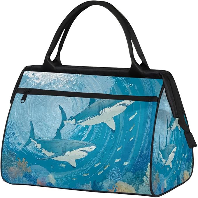 Shark Underwater Fish Travel Duffel Bag, Waterproof Sports Gym Duffle Bag, Large Capacity Weekender Carry On Overnight Bags for Women Men