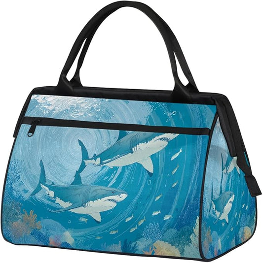Shark Underwater Fish Travel Duffel Bag, Waterproof Sports Gym Duffle Bag, Large Capacity Weekender Carry On Overnight Bags for Women Men