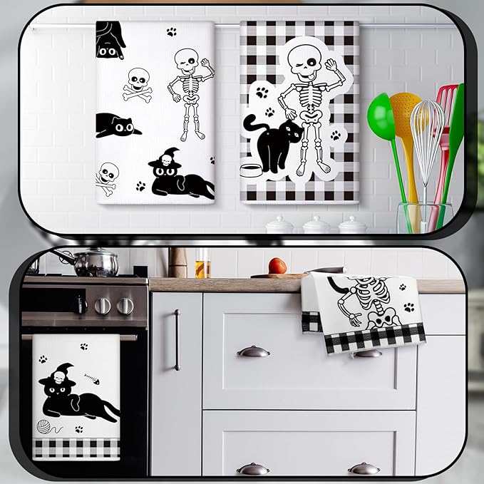Bencailor 6 Pcs Skull Kitchen Towels Cute Black Cat Skeleton Dish Hand Towels Skull Tea Washcloth for Bathroom Kitchen Gothic Horror Decor Gifts 24 x 16''