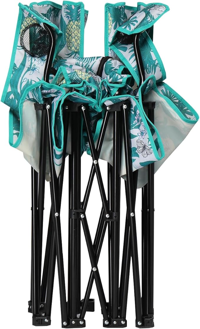 Double Folding Camping Chair W/Umbrella Fold Up Table Beverage Holder Carrying Bag Cooler for Patio Pool Park Outdoor Beach, Picnic, Portable (Pineapple)