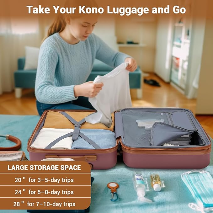 Kono Expandable Carry On Luggage 22x14x9 Airline Approved with Spinner Wheels, 20 Inch Durable & Impact-Resistant PC+ABS Hardshell Rolling Suitcase Travel Luggage with Lock, Burgundy/Brown