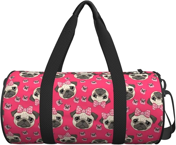 Womens Gym Tote Duffle Bag Cartoon Pug Dog Pink, Sports Overnight Weekender Workout Carry on Bag Ideal for Travel, Swimming, Dance