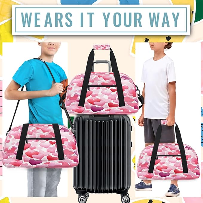 Travel Duffle Bag, Pink Watercolor Heart Pattern Waterproof Weekender Overnight Bags for Women Men Lightweight Carry on Duffle Gym Bag for Travel, Sports, Fitness, Workout