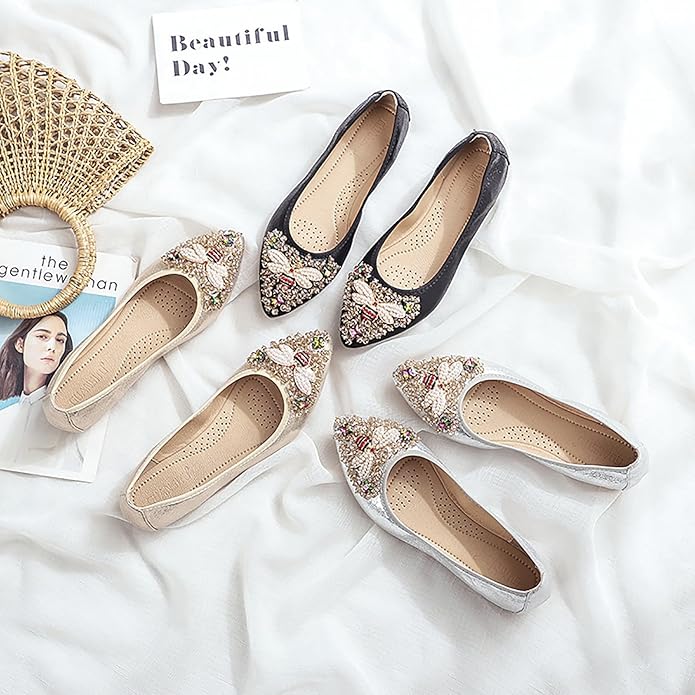 Women Ballet Flats Sparkly Rhinestone Wedding Ballerina Shoes Pointed Toe Foldable Comfort Slip on Flat Dress Shoes
