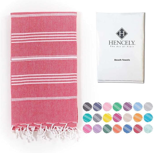 Hencely Turkish Beach Towel 37x68 Oversized, Sand-Free, Quick-Dry, Lightweight - Travel Essential for Pool & Bath - Striped 100% Cotton Bathroom Towels Accessories Gift (Red)