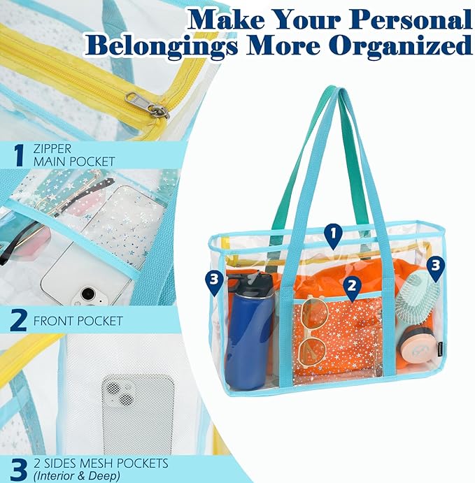 Clear Beach Bag for Women, Large Pool Tote Cruise Vacation Essentials - Zipper Closure, Waterproof, Sandproof