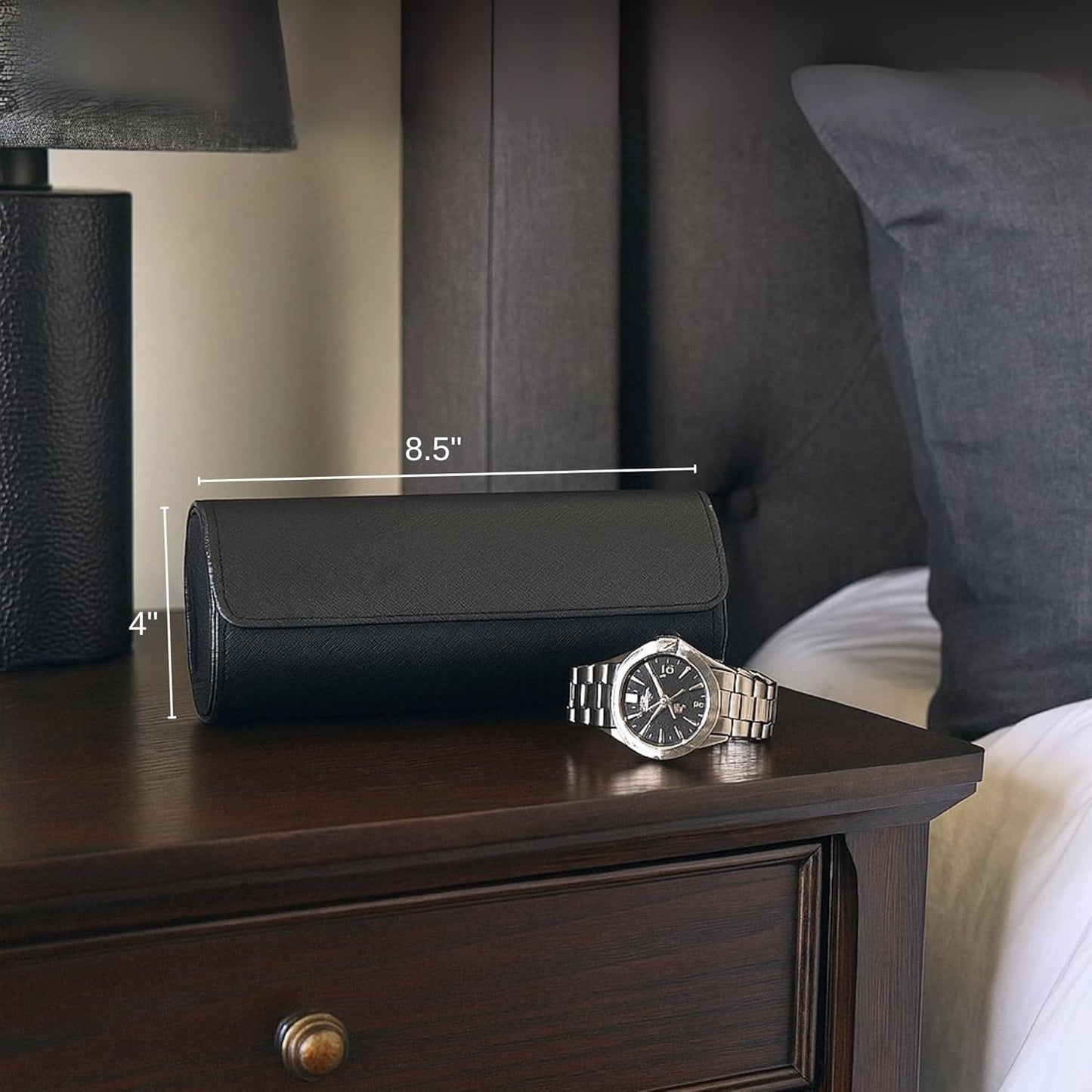 Bey-Berk Milani Leather Watch Roll - Luxury 3 Watch Travel Case for Men, Women, Genuine Leather with Soft Velour Lining and Snap Closure - Black