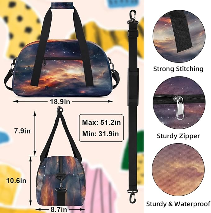Duffle Bag for Women Men, Orange Red Nebula Gym Bag for Travel Sports, Lightweight Waterproof Weekender Overnight Bags with Adjustable Strap