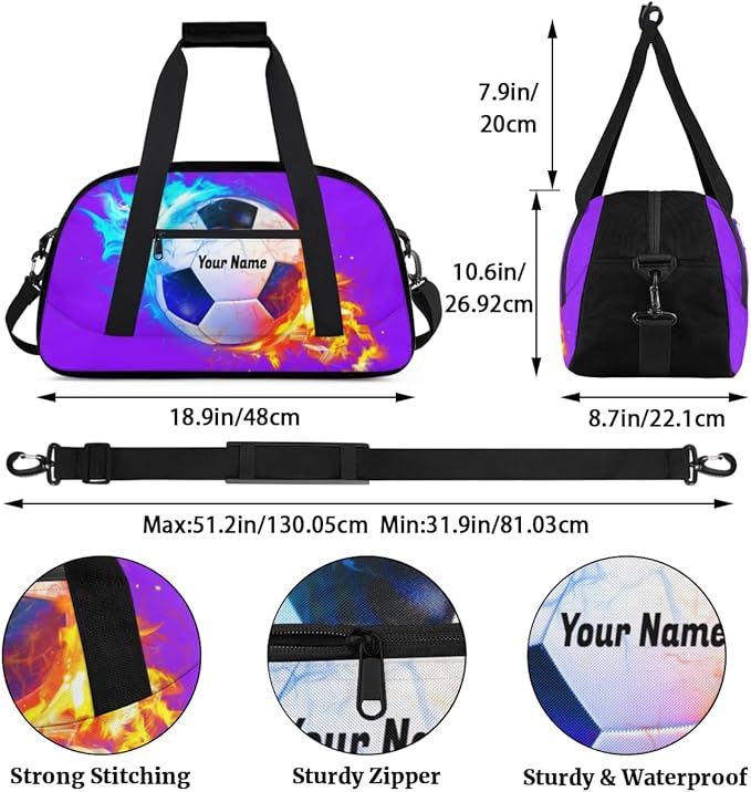 Purple Soccer Personalized Duffel Bag for Girls Boys Custom Name Sport Gym Bag Small Overnight Weekender for Traveling Gymnastic Ballet