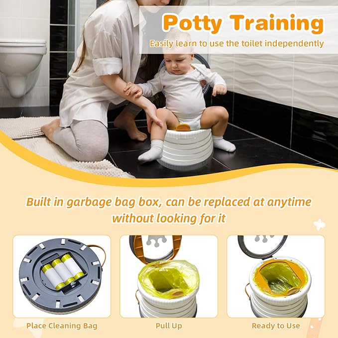 Portable Potty Chair for Toddlers with Splash-Proof Design, Foldable Travel Potty with Bag & 30 Refills - Kids Toilet for Car, Camping, Indoor - Easy Clean Baby Potty Training Seat (Transparent-Gray)