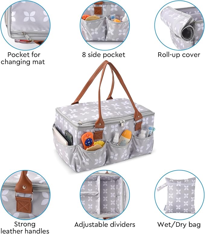 Moteph Diaper Caddy Organizer - Baby Caddy with Lid & Changing Mat, Car Diaper Caddy, Large Nursery Storage Diaper Tote Basket for Changing Table with Zip-Top Cover, Great for Baby Showers - Grey