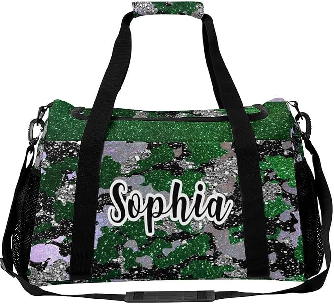 Custom Multifunctional Duffel Bag with Name Gym Bags Adjustable Shoulder Strap Travel Bag for Teens Green Black Camo Bling Print Casual Bag