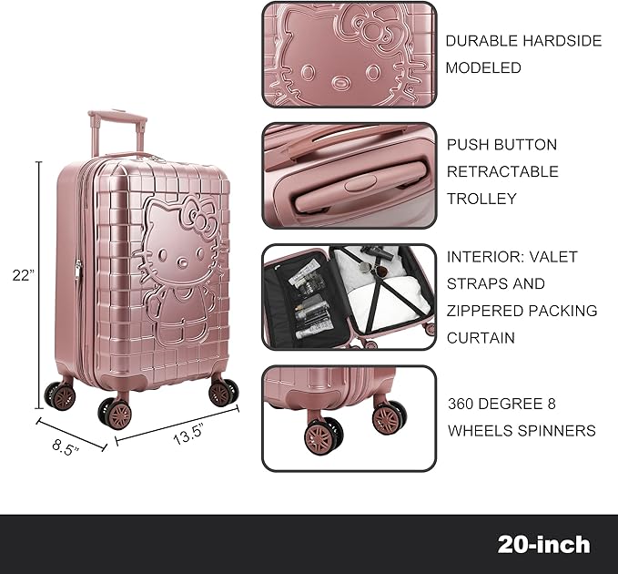 Bioworld Hello Kitty Character Print Pink Plaid 20" Adult Hardside Carry-on Rolling Luggage