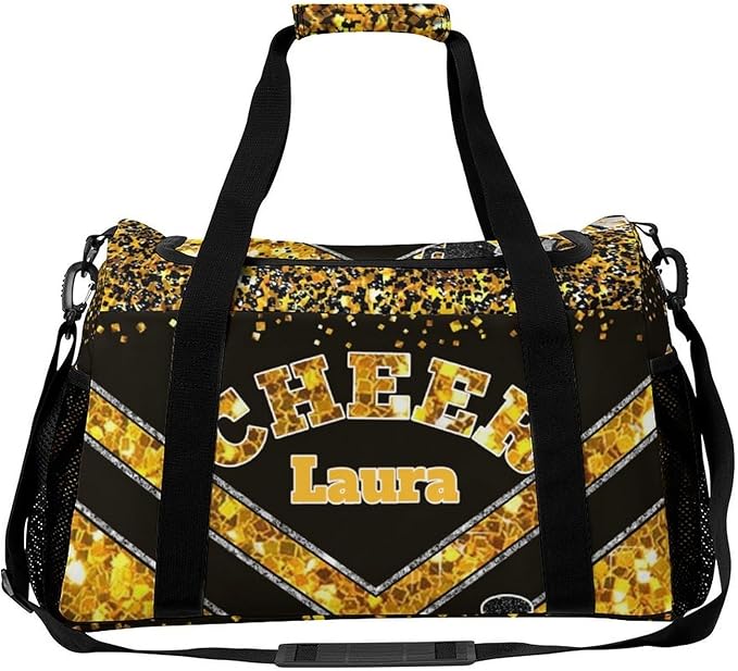 Personalized Cheer Bag Gifts for Girls Sport Cheerleading Gym Travel Duffel Bag Overnight Weekender Bags with Name (Golden)