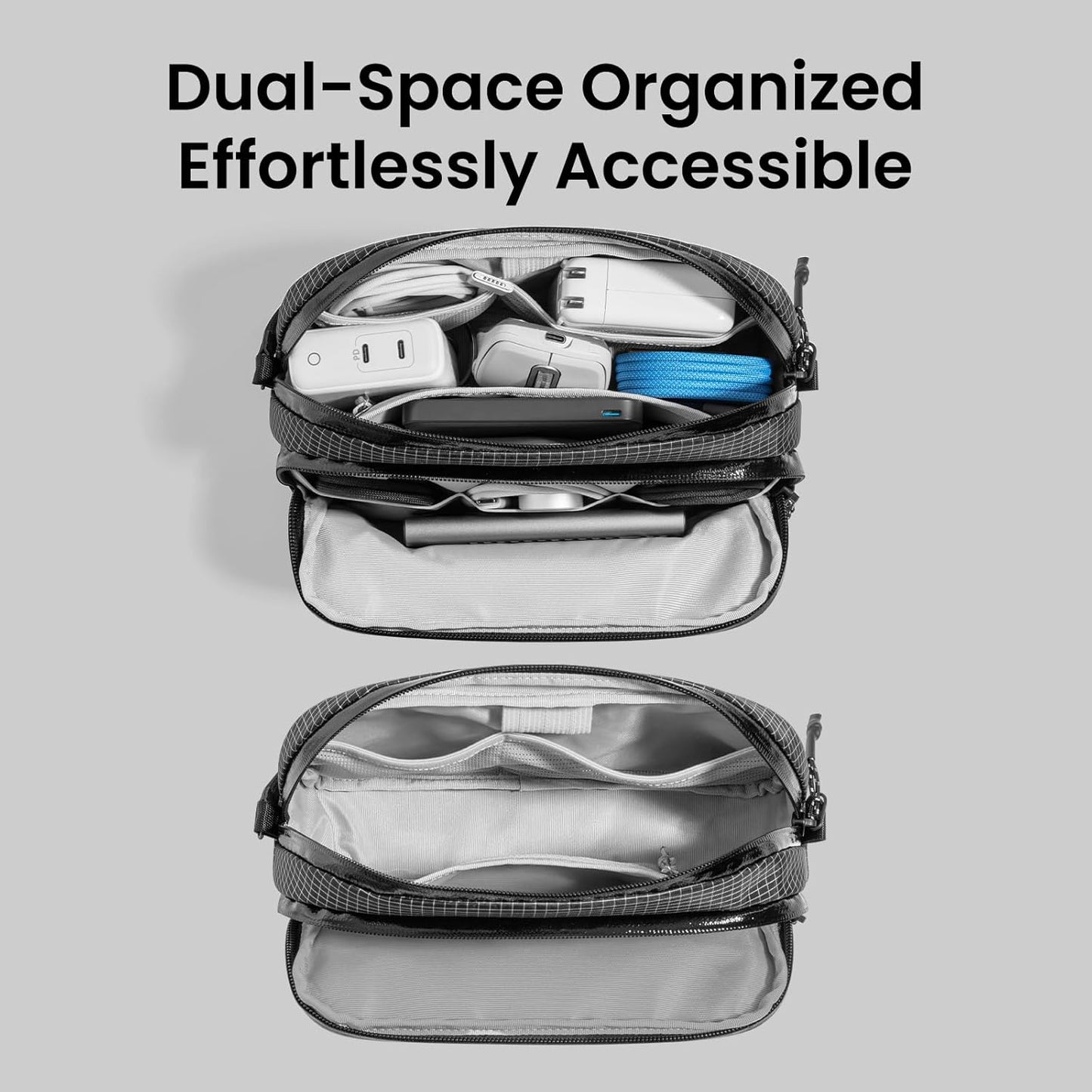 tomtoc Electronic Organizer Travel Case Performance, Water Resistant Dual Compartment Cable Organization Storage Bag for Charger, Cord, Phone, Hard Drive, Power Bank, Accessories Travel Essentials